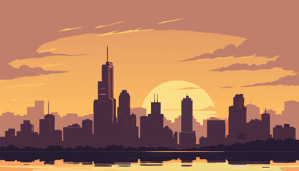 Obraz premium Vector Silhouette of Modern Cityscape in Golden Hour
