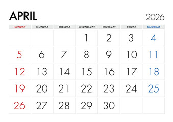 2026年4月のカレンダー日曜始まり 日本の祝日表記無し