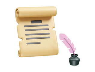 Ink feather with vintage scroll paper icon 3d illustration rendering