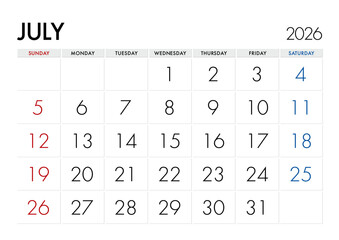 2026年7月のカレンダー日曜始まり 日本の祝日表記無し