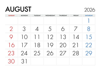 2026年8月のカレンダー日曜始まり 日本の祝日表記無し