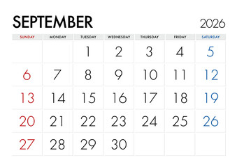 2026年9月のカレンダー日曜始まり 日本の祝日表記無し