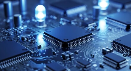 A macro shot of microchips and integrated circuits densely packed on a printed circuit board (PCB), dramatically illuminated by cool blue LED lights, symbolizing advanced technology and computing.