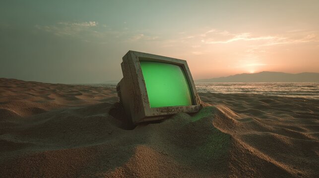 Vintage CRT monitor on sandy beach at sunset
