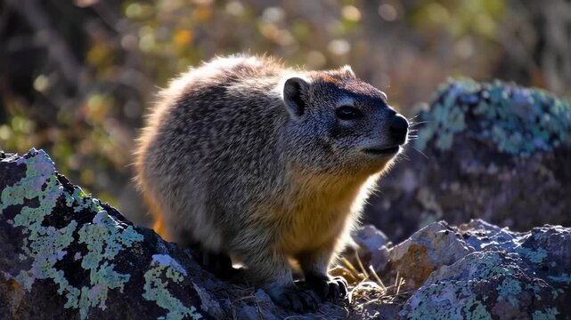 Wildlife Portrait of a Rock Hyrax on Sunlit Stones