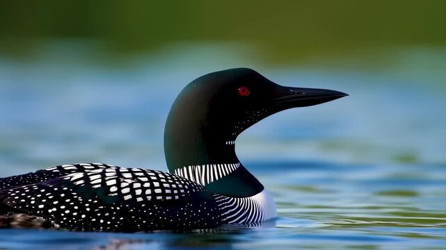 Common Loon swimming on a serene lake surface, showcasing its striking red eyes and patterned plumage.