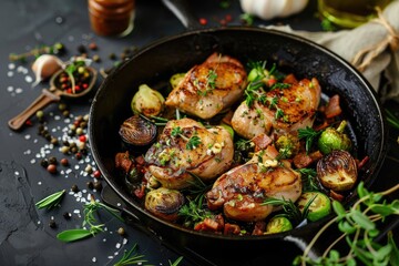 Fototapeta premium Hearty pork skillet with golden roasted brussels sprouts and crisp bacon, cooked in rustic style with garlic herb seasoning and served as a wholesome farmhouse meal.
