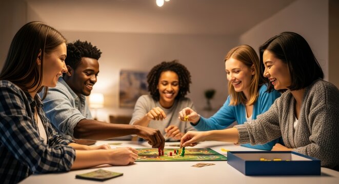 Diverse Group of Friends Playing Board Game Together at Home Evening