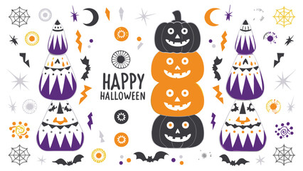 Happy halloween with pumpkins, bats, moons, stars and decorative halloween themed objects around it