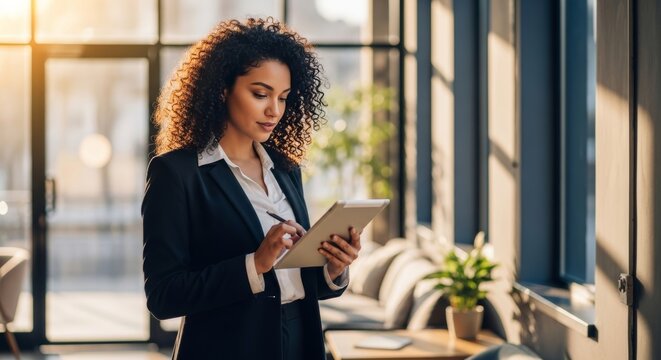 A half-body shot of a confident 28-year-old Latinx woman with curly dark hair, dressed in a sleek business casual outfit, actively using a tablet in a sunlit modern office or co-working space. - Powered by Adobe