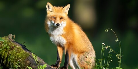 A red fox sits alertly in the forest, its orange fur contrasting with the green foliage