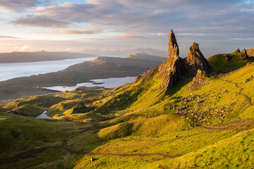 Green summer landscape of The Old Man of Storr on The Isle of Skye, Scotland, UK.