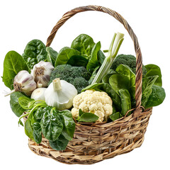Woven basket overflowing with fresh green vegetables and garlic isolated on transparent background
