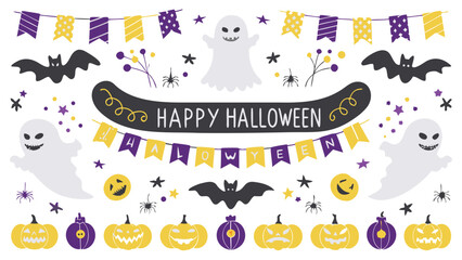 Fototapeta premium Illustration of halloween elements featuring ghosts, bats, pumpkins and a happy halloween banner