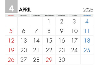 2026年4月のカレンダー日曜始まり