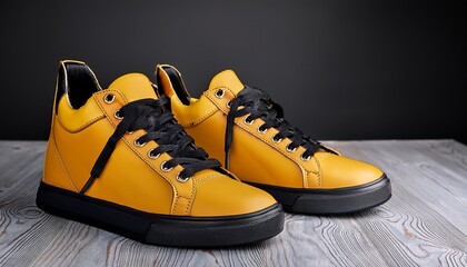 mustard yellow sneakers with black laces casual footwear fashion shoes