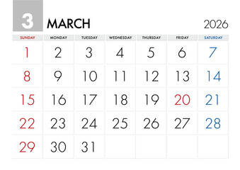 2026年3月のカレンダー日曜始まり