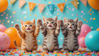 Fototapeta premium Happy Kittens Celebrating with Colorful Confetti and Party Balloons
