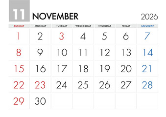 2026年11月のカレンダー日曜始まり 