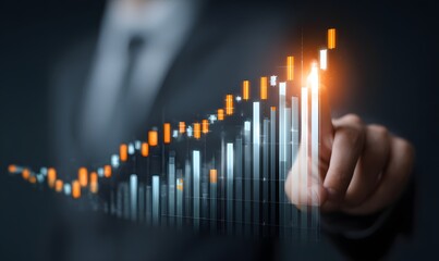 Businessman analyzing and touching digital financial growth chart with futuristic bar and candlestick graph