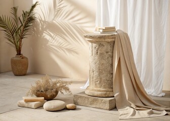 Beige minimalist scene with stone pedestal and soft fabric drape, with copy space for product placement or branding, neutral shadows.
