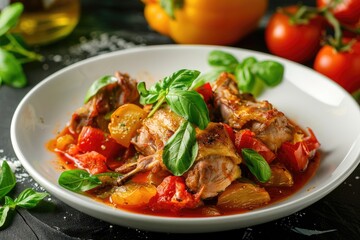 Slow cooked rabbit meat stew in tomato and peppers sauce with garlic, onion, rosemary, thyme and chili flakes garnished with fresh herbs in bowl dark rustic background.
