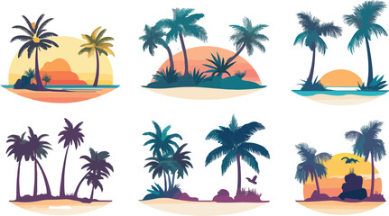 Obraz premium Tropical Island Palm Tree Silhouettes with Sunset or Sunrise Backgrounds Vector