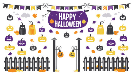Obraz premium A festive halloween scene with pumpkins, ghosts, a banner, and a picket fence is displayed here