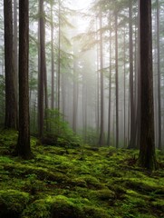 Obraz premium Misty forest landscape with tall trees and lush green moss covering the ground, serene atmosphere
