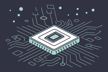 Isometric illustration of a microchip with circuit board and floating shapes on a dark background