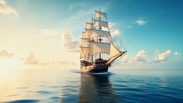 Grand Sailing Ship Glides Through Sunset Waters with Fiery Horizon