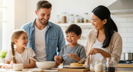 A happy family—father, mother, daughter, and son—joyfully preparing pancakes together in a bright kitchen. Captures the essence of family bonding, cooking fun, and cheerful moments at home.