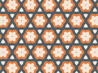 Seamless geometric pattern with repeating stylized floral motifs in burnt orange and cream on a dark teal background, perfect for textile prints and surface design. © Pupun