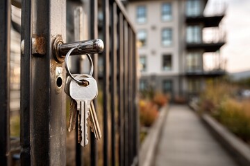 Keys in a metal gate, apartments in the background