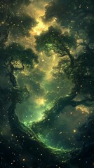 Magical Forest Canopy with Glowing Light and Sparkling Dust