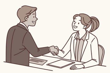 Obraz premium Business Job Interview concept. Vector cartoon illustration of a man in a suit and a woman at a desk shaking hands. Isolated on background.person, company, desk, employee, job, manager, meeting, 