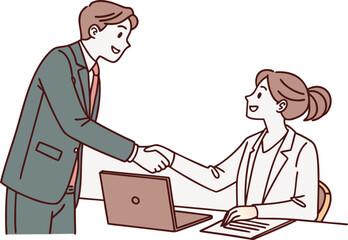 Business Job Interview concept. Vector cartoon illustration of a man in a suit and a woman at a desk shaking hands. Isolated on background.person, company, desk, employee, job, manager, meeting, 