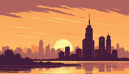 Obraz premium Urban City Skyline at Sunset with Water Reflection