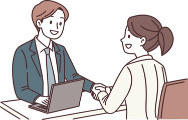 Fototapeta premium Business Job Interview concept. Vector cartoon illustration of a man in a suit and a woman at a desk shaking hands. Isolated on background.person, company, desk, employee, job, manager, meeting, 