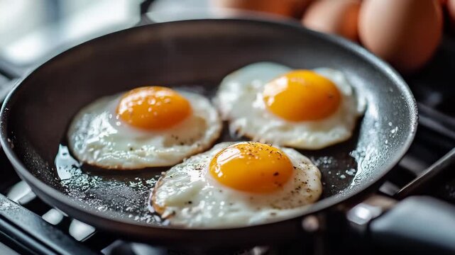 fried eggs in a frying pan sunny side up, 4k video
