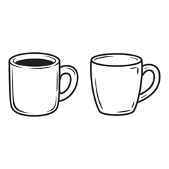 Two simple black and white line art mugs drinkware beverage coffee