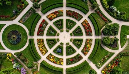 "Top-down view of an abstract garden layout with concentric circles of colorful flower beds, geometric hedges, and minimalist pathways on a textured canvas background"