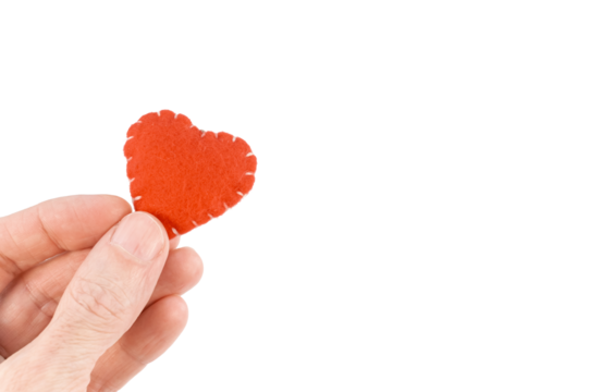 piccolo cuore rosso in feltro di lana sorretto da una mano isolato su sfondo bianco o trasparente