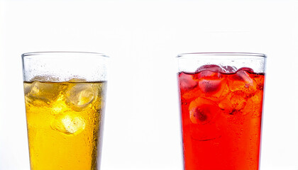 Cold fresh drinks isolated on white background with condensation effect, backlit glow and crisp framing