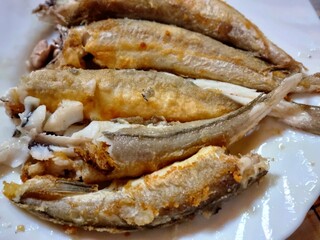 Fried Small Codfish on White Plate