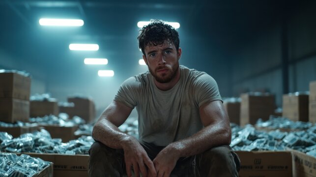 Caucasian young male sitting in warehouse surrounded by boxes and stacks of money