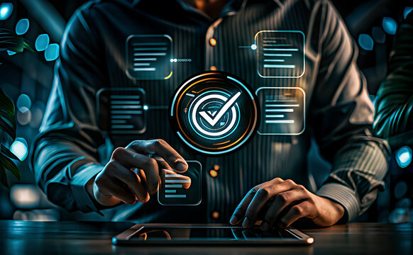 Person using tablet interacting with digital checklist interface glowing teal orange checkmark