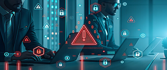 Two Businessmen Working on Laptops Cybersecurity Threat Warning Red Alert Symbols Data Breach