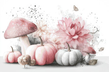 Delicate Watercolor Pumpkins and Mushrooms with Floral Accents