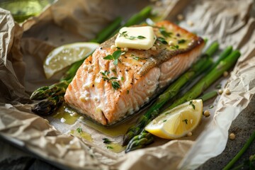 Elegant salmon fillet en papillote with asparagus and butter rustic seafood recipe dark gourmet photography background